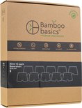 Doos met 10 zwarte bamboe boxershorts, maat S. Met 'Bamboo Basics' logo en kenmerken.