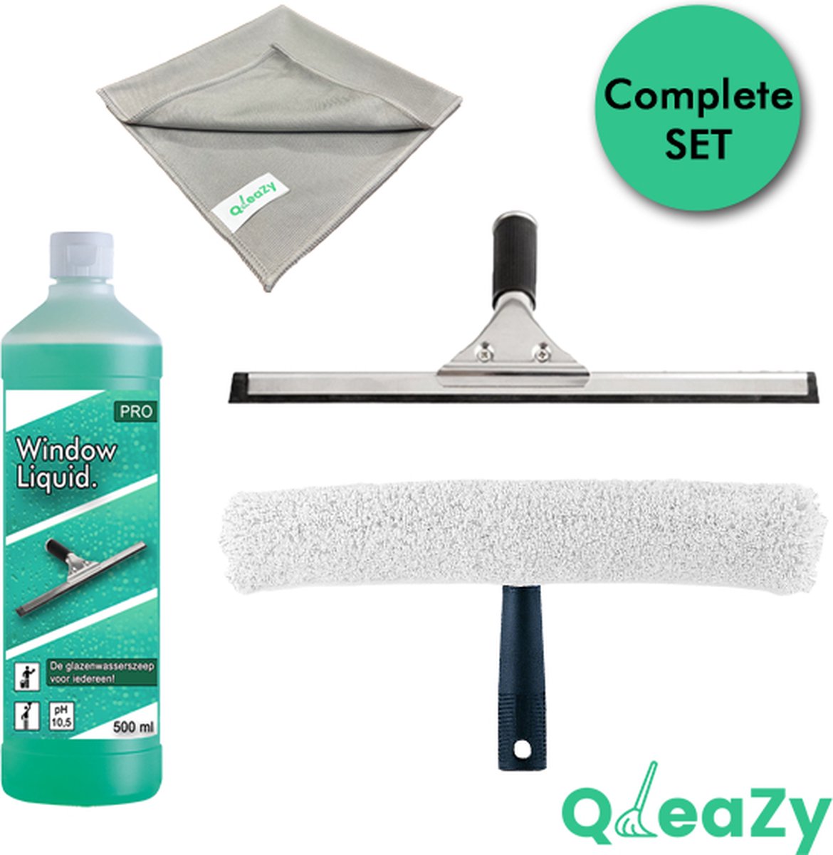 Goedkoopste Professionele Glazenwassers - Zeemset STANDAARD - 35cm rvs raamtrekker met inwashouder met hoes