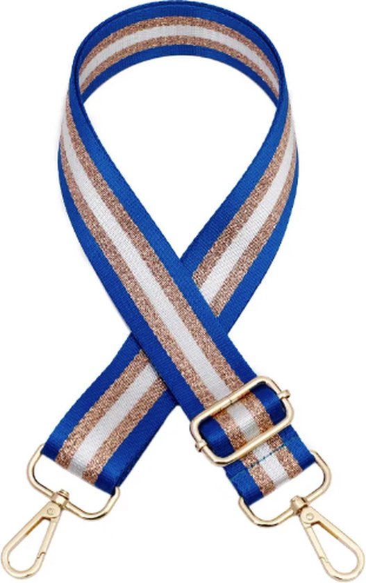 Bag strap - stripe blauw - goud metaal - schouderband - tassenriem - tasriem- schouderriem- Tas hengsel - Tassen band - cameratas band - cross body - verstelbare riem - bag belt - handtas bandje