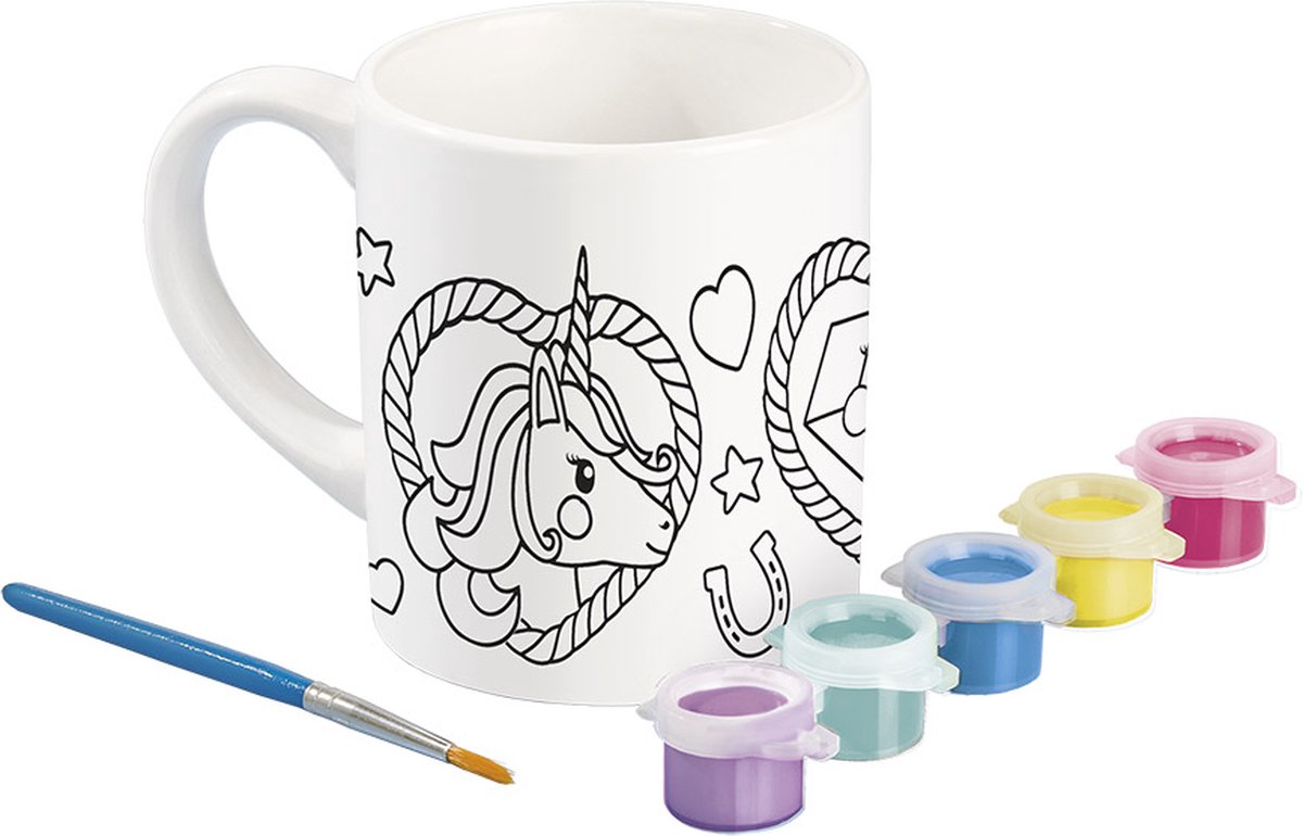 Totum Unicorn inkleur mok beker beschilderen speelgoed meisjes - knutselset keramiek incl verfstrip en penseel - knutselen cadeau tip — afbeelding 9