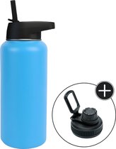 Bouteille d'eau - Aqua Blue - 1 litre - Bouchon Extra gratuit avec paille et bec verseur - Bouteille d'eau avec paille - Bouteille isotherme - Sans BPA - Étanche