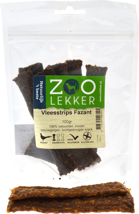 Zoolekker Vleesstrips Fazant - hondensnacks - 100 gram