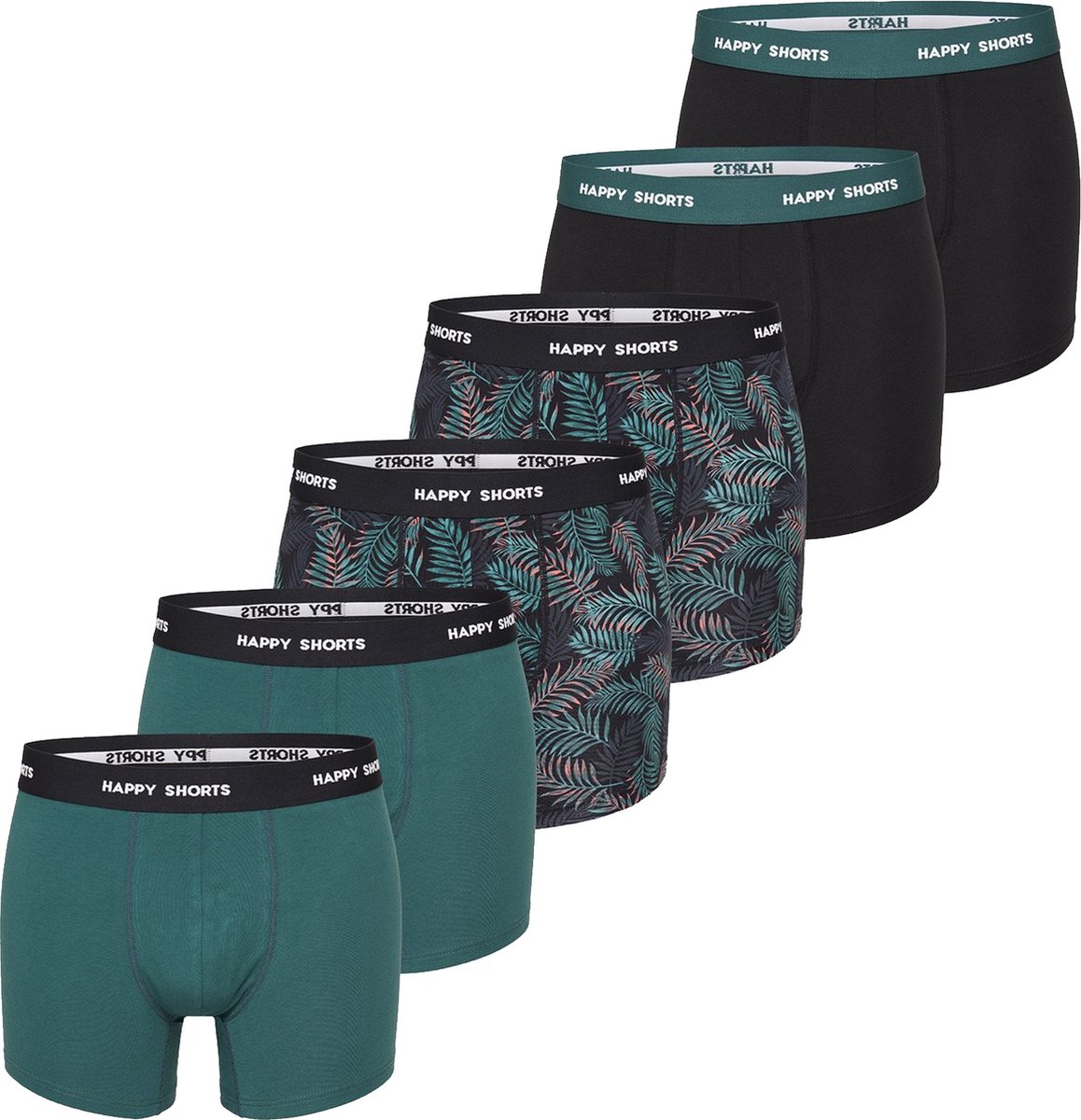 Happy Shorts Heren Boxershorts Trunks Bladeren Groen/Zwart 6-Pack - Maat XXL