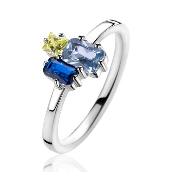 Foto: Zinzi zilveren ring met rechthoekige zettingen bezet met licht groene licht blauwe en saffier blauwe kleurstenen zir2496