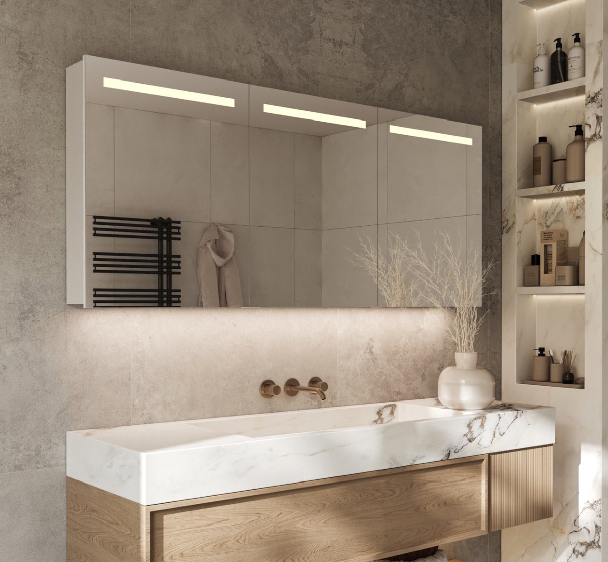 Aluminium badkamer spiegelkast met directe verlichting boven en indirecte verlichting onder, spiegelverwarming, stopcontact inclusief USB, make-up spiegel en sensor schakelaar 160×70 cm
