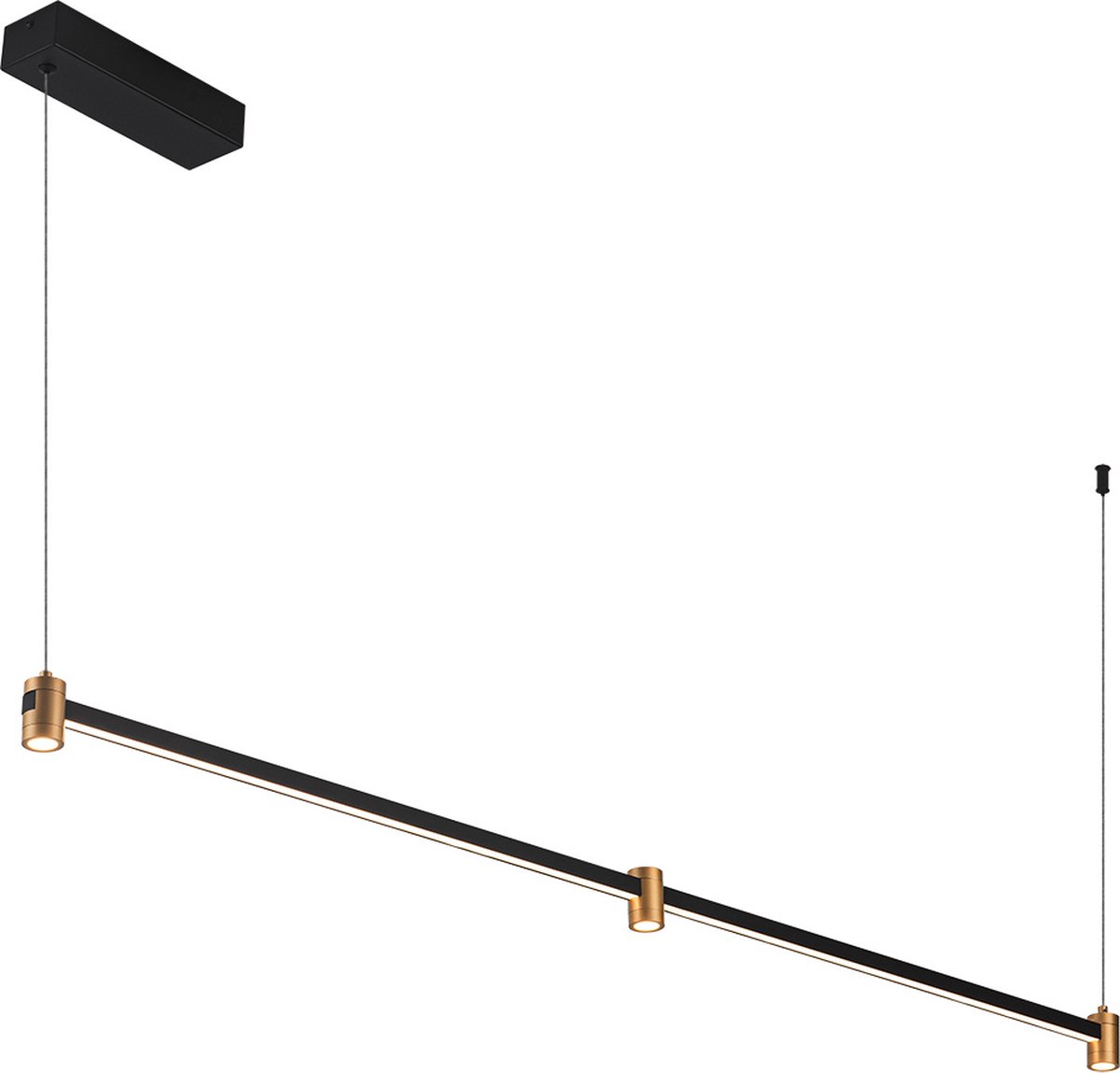 Trendsy LED pendel 20W dimbaar, 460 lumen 3000K, zwart en goud aluminium, breedte 1200 mm
