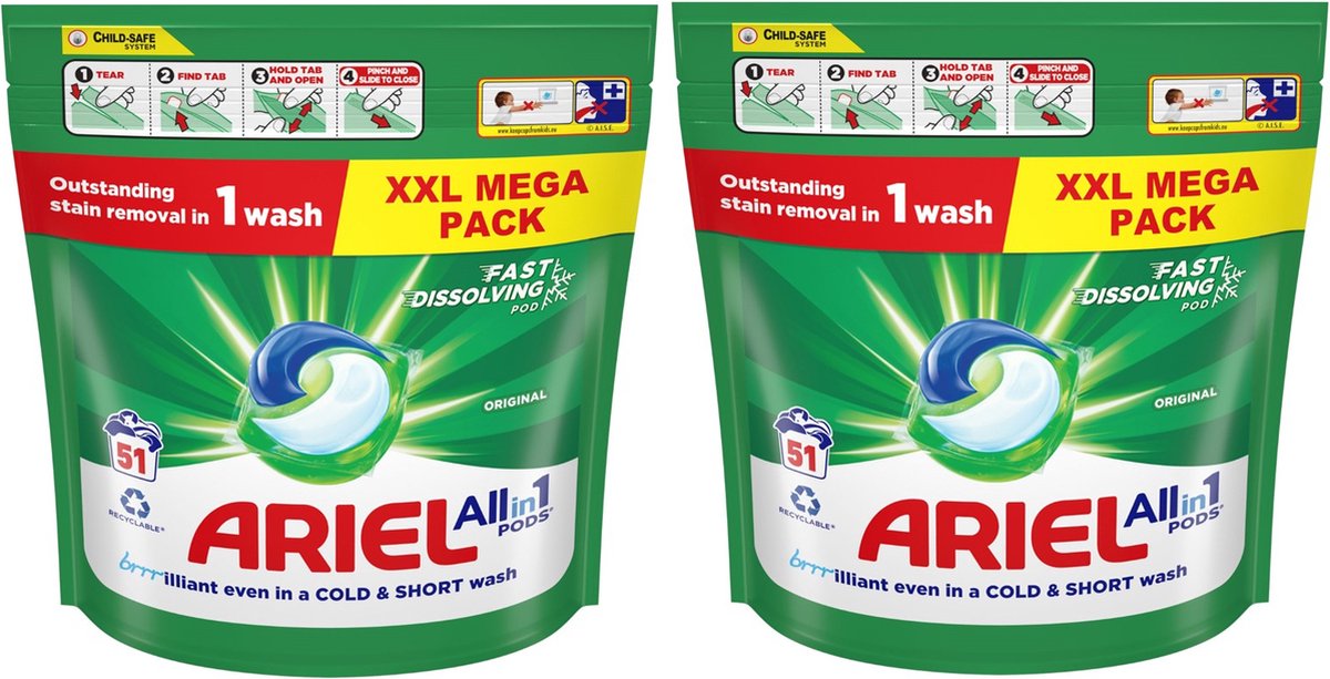 Goedkoopste Ariel Wasmiddel - Original All in 1 Pods - Wasmiddelcapsules - 2 x 51 Wasbeurten - Voordeelverpakking
