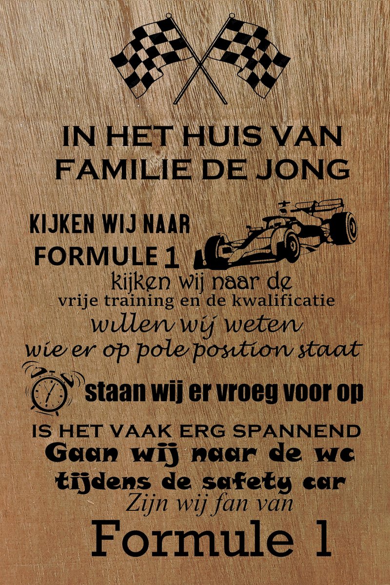 Formule 1 wandbord 20 x 30cm gepersonaliseerd met uw eigen naam - In dit huis zijn wij fan van - Max Verstappen - FIA race