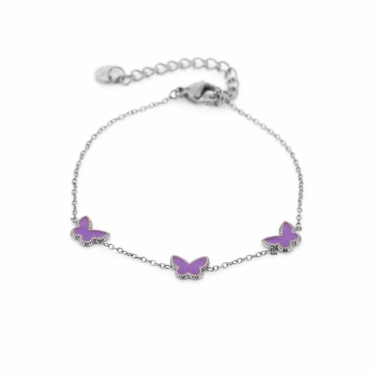 Armband met vlinders - 16 + 3 cm - Zilver/Paars - Stainless Steel (verkleurt niet!) - Waterproof - Kerst - Kerst armband - Sinterklaas - Party - Kinder armband