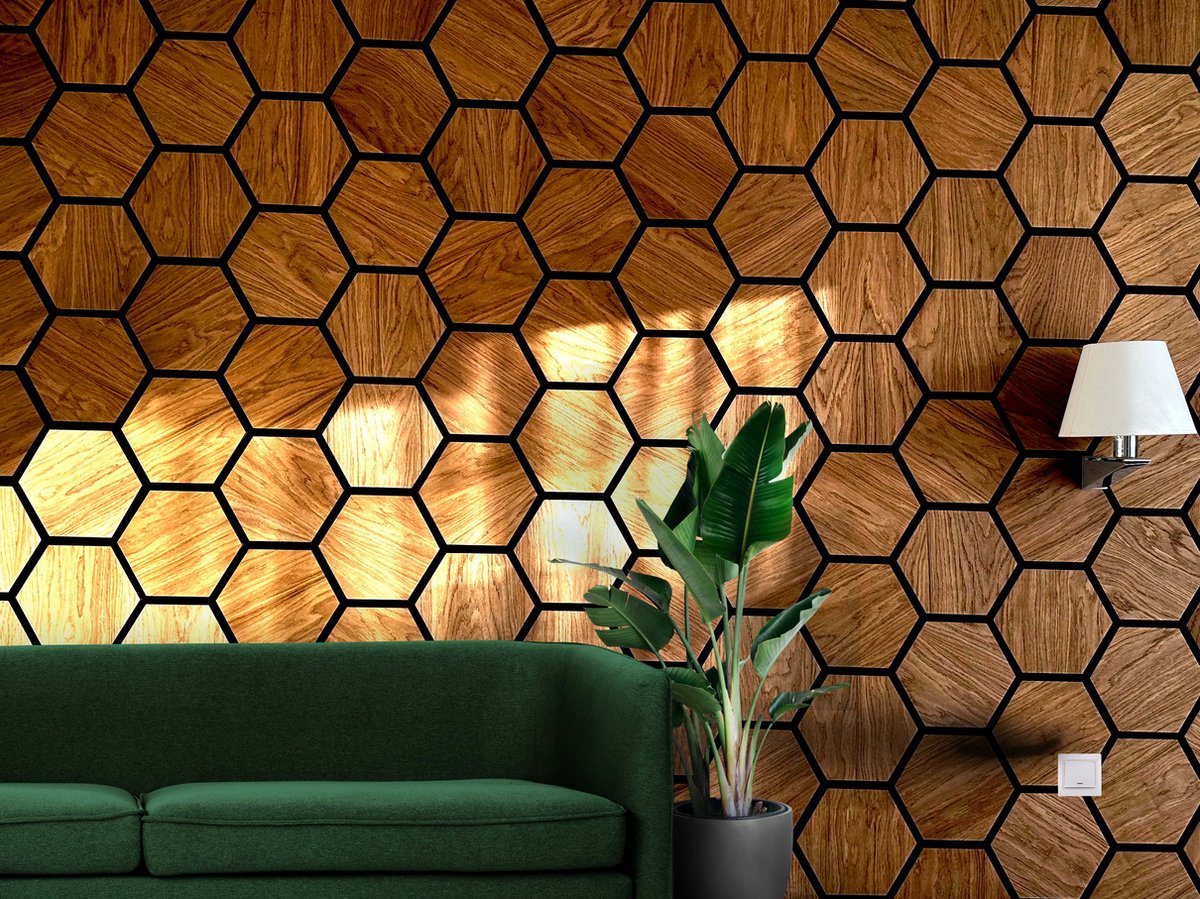 WallingtonNL Hexagon akoestisch houten wandbekleding Eiken Rustiek