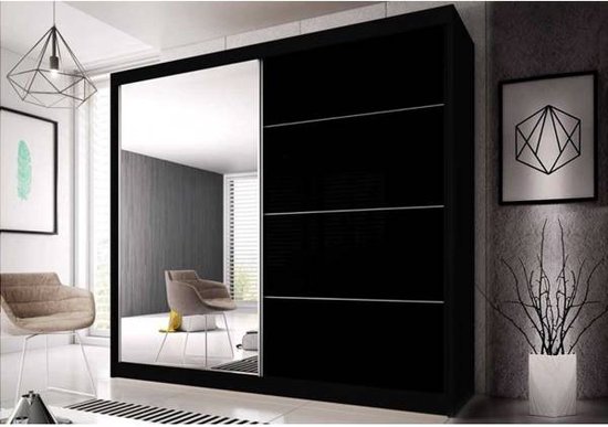 Armoire - Miroir - 2 portes coulissantes - Planches - Tringle à vêtements - Noir brillant - 183 cm