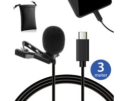 MOJOGEAR Speldmicrofoon met USB-C-aansluiting - 3 meter kabel - Dasspeld microfoon voor Android Smartphones, iPhone 15, iPhone 16, USB C Tablets - Zwart