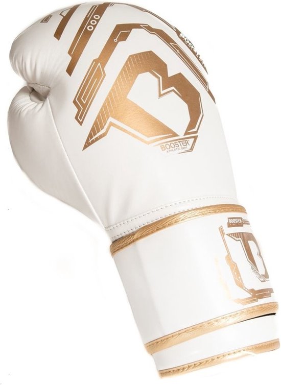 Witte bokshandschoen met gouden print en gouden rand.