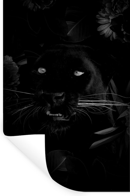 Muurstickers - Sticker Folie - Botanische panter op een zwarte achtergrond - zwart wit - 40x60 cm - Plakfolie - Muurstickers Kinderkamer - Zelfklevend Behang - Zelfklevend behangpapier - Stickerfolie