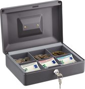 Relaxdays geldkistje met slot - geldkluisje - metaal - briefjes & munten - 2 sleutels - grijs