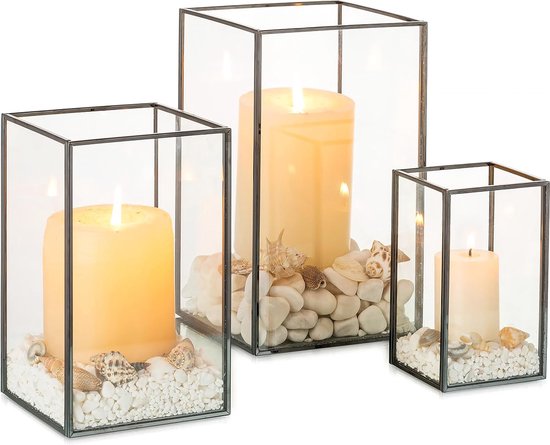 Lantaarnkaarsenhouder glas zwart – 3 stuks stompkaarsen metaal gehard glas lantaarn decoratieve conische kaarsenhouder bruiloftsjas kerst middelpunt