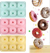 3 stuks donutvormen met 6 siliconen donutvormen, donutvormen, siliconen donut-bakvorm, anti-aanbak, donut, bakplaat voor cake, bagels en muffins (roze, groen, geel)