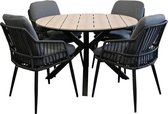 Ensemble de jardin rond 5 pièces | 4 chaises de jardin Isabel (Noir) | Table de jardin Chypre ø120cm (Wood)