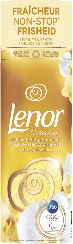 Lenor Collection perles parfumant Ambre & Orchidée dans emballage orange avec orchidées blanches et logo P&G avec anneaux Olympiques.
