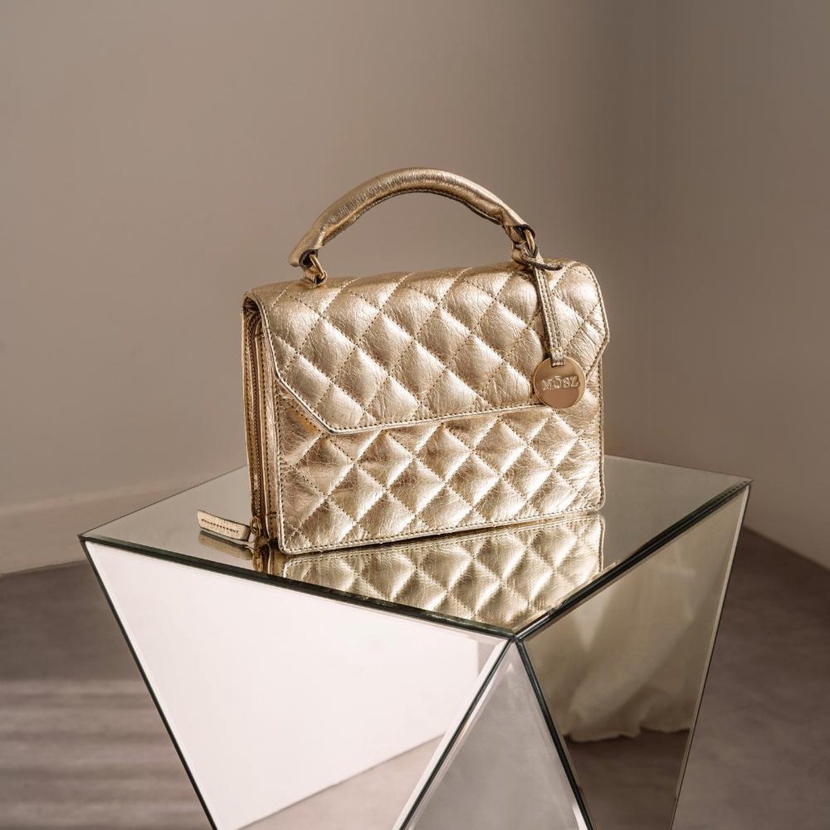 MŌSZ Leren dames handtas - goud quilted : Schoudertas / crossbody