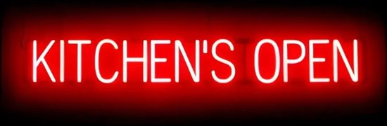 KITCHEN'S OPEN - Néon publicitaire Néon LED enseigne lumineuse | SortBrite | 118 x 16 cm | 6 modes de gradation - 8 animations lumineuses | Éclairage au néon pour panneaux publicitaires