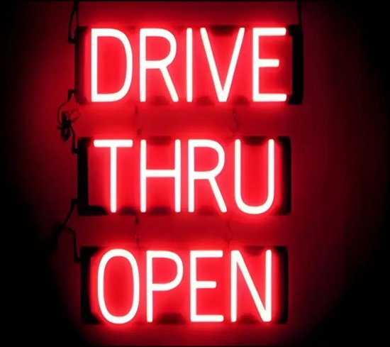 DRIVE THRU OPEN - Lichtreclame Neon LED bord verlicht | SpellBrite | 46 x 60 cm | 6 Dimstanden - 8 Lichtanimaties | Reclamebord neon verlichting