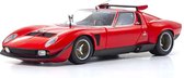 De 1:18 Diecast Modelauto van de Lamborghini Miura SVR uit 1970 in rood en zwart. De fabrikant van het schaalmodel is Kyosho. Dit model is alleen online verkrijgbaar