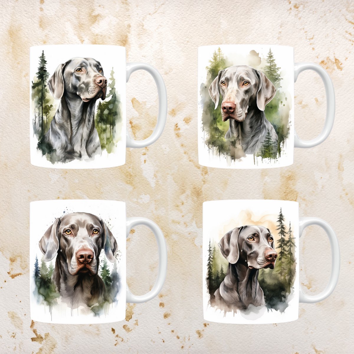 Weimaraner mokken set van 4, servies voor hondenliefhebbers, hond, thee mok, beker, koffietas, koffie, cadeau, moeder, oma, pasen decoratie, kerst, verjaardag