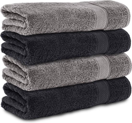Komfortec handdoeken – Set van 4 - Badhanddoek 70x140 cm - 100% Katoen – Antracietgrijs&Zwart