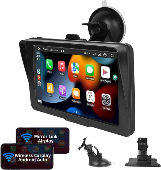 Draadloze Navigatiesysteem - Apple & Android Carplay - 7 Inch Touchscreen Radio - met Bluetooth, Mirror Link, FM-zender, Spraakbediening & AUX/TF/USB