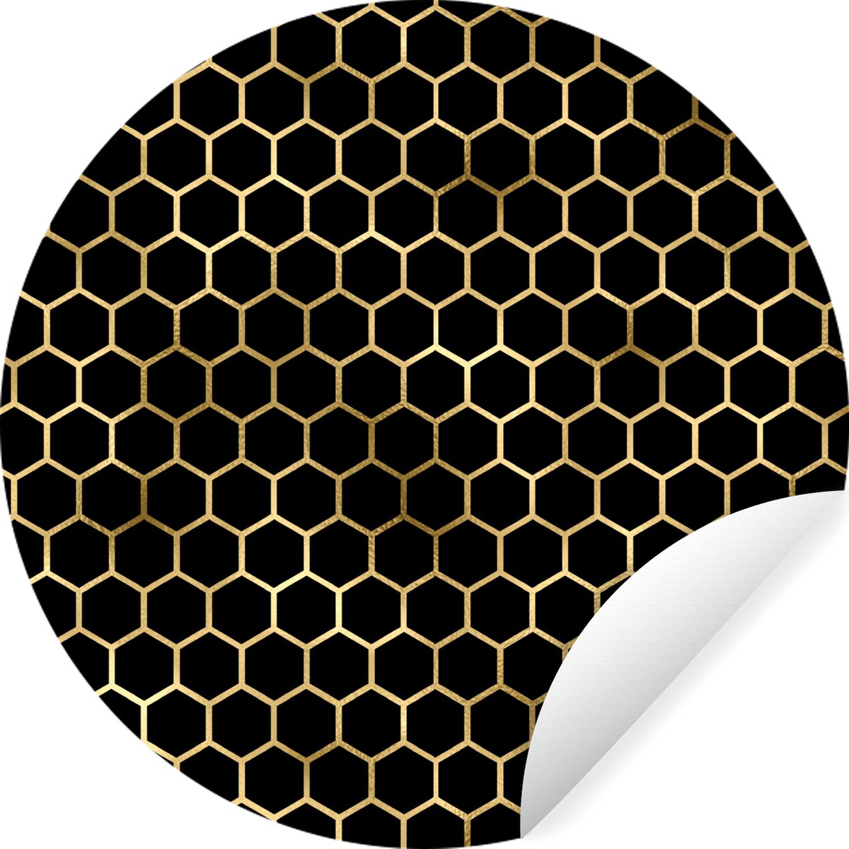 WallCircle - Muurstickers - Behangcirkel - Patronen - Hexagon - Goud - Zwart - 50x50 cm - Muurcirkel - Zelfklevend - Ronde Behangsticker
