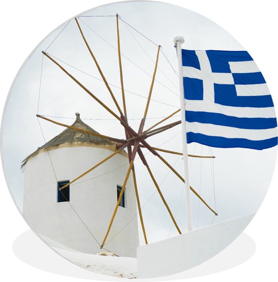 WallCircle - Wandcirkel ⌀ 150 - Traditionele windmolen en de vlag van Griekenland - Ronde schilderijen woonkamer - Wandbord rond - Muurdecoratie cirkel - Kamer decoratie binnen - Wanddecoratie muurcirkel - Woonaccessoires