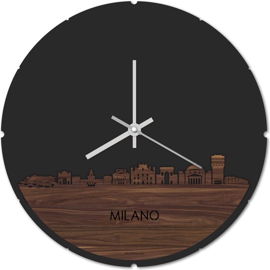 Skyline Klok Rond Milano Notenhout - Ø 44 cm - Stil uurwerk - Wanddecoratie - Meer steden beschikbaar - Woonkamer idee - Woondecoratie - City Art - Steden kunst - Cadeau voor hem - Cadeau voor haar - Jubileum - Trouwerij - Housewarming -