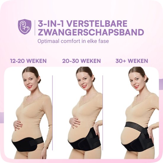 Een zwanger model toont de band in drie stadia: 12-20 weken, 20-30 weken, 30+ weken. Zwarte band.