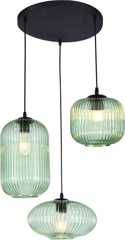 Olucia Charlois - Retro Hanglamp - 3L - Metaal/Glas - Groen;Zwart - Rond