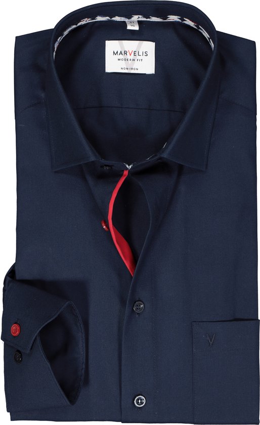 MARVELIS modern fit overhemd - mouwlengte 7 - popeline - donkerblauw - Strijkvrij - Boordmaat: 40
