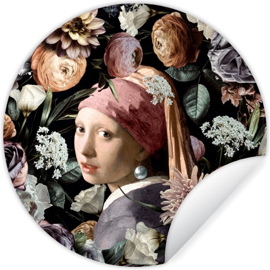 WallCircle - Stickers muraux - Cercle de papier peint - Fille à la boucle d'oreille en perle - Fleurs - Vermeer - Pastel - Oeuvre d'art - Peinture - Maîtres anciens - 80x80 cm - Cercle mural - Autocollant - Autocollant de papier peint rond