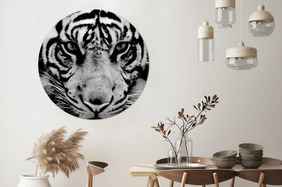 WallCircle - Cercle mural - Cercle mural - Tigre de Sumatra sur fond noir en noir et blanc - Aluminium - Dibond - 140x140 cm - Intérieur et Extérieur