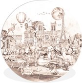 Wandcirkel kinderen - Schilderij voor kinderen - Parijs - Kinderkamer decoratie - Panda - Dieren - Luchtballon - Muurdecoratie - ⌀ 150 cm - Kunststof