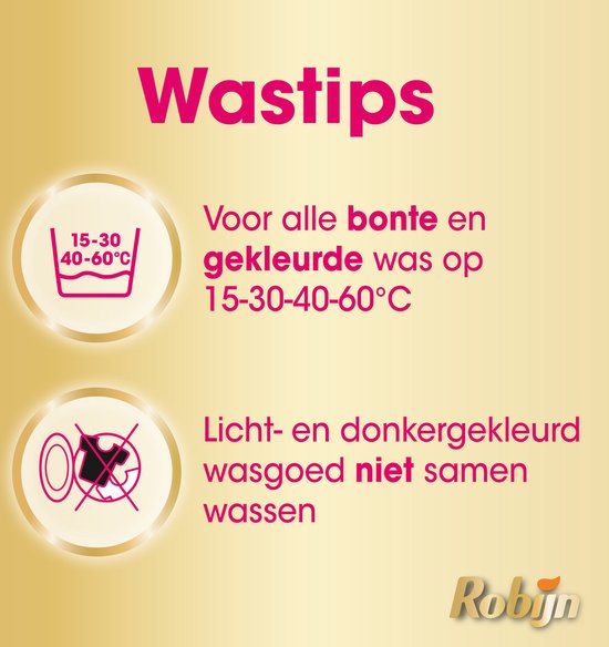 Robijn wastips met iconen. Was op 15-30, 40-60°C. Was lichte en donkere kleding niet samen. Robijn logo.
