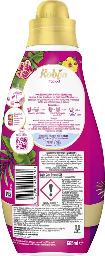 Robijn Tropical wasmiddel met afbeelding van een vlinder en tropische planten. Textielwasmiddel 665 ml.