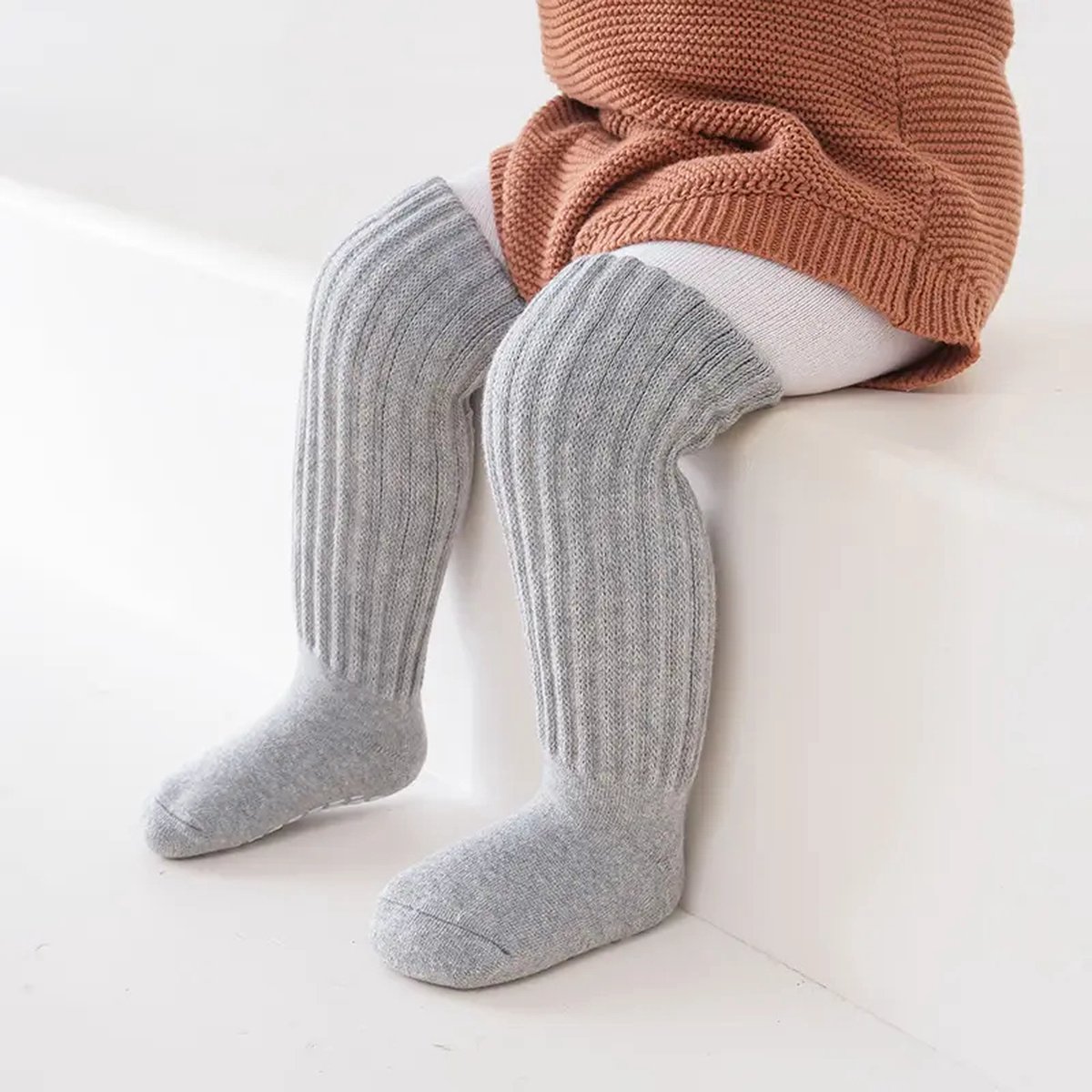 Ychee - Anti slip Kinder Sokken - Kousen - Lange Sokken - Extra Grip - Veilig - Lopen - Spelen - Comfort - Stretch - Grijs - 1-3 jaar - Maat: Small