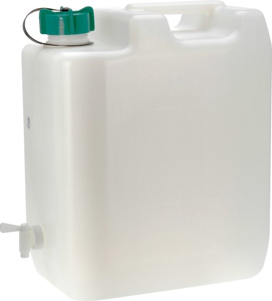 Witte jerrycan van 35 liter met groen kraantje en dop. Gemaakt van sterk kunststof.