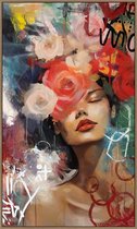 Tableau toile femme avec fleurs art - 90x150x5cm - pop art fleur femme colorée - toile avec cadre en bois