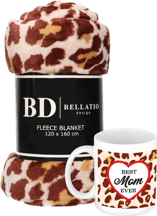 Cadeau moeder set - Fleece plaid/deken panter print met Best mom ever mok - Mama ontspanning cadeau kerst, moederdag, verjaardag