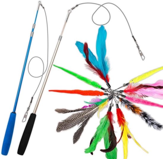 2 Kattenhengels met 10 Speeltjes – Bewegende Kattenspeeltjes met Veren en Belletjes – Interactieve Kattenspeelgoed Voor Kittens – Cat Toys