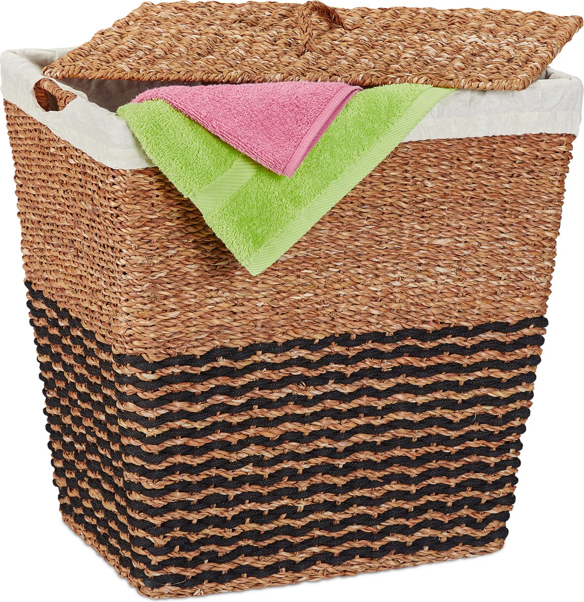 Goedkoopste wasmand met deksel - zeegras - katoenen waszak - 87 l - gevlochten - natuur-beige