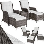tectake® 2x premium wicker fauteuils met kruk en tafel - relaxfauteuil voor tuin - terras en balkon - lounge tuinmeubelset weerbestendig - variabel - tuinstoelen - leesstoel en ligstoel - grijs - poly-rattan