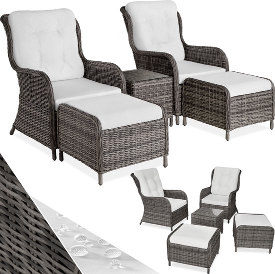 Foto: Tectake 2x premium wicker fauteuils met kruk en tafel relaxfauteuil voor tuin terras en balkon lounge tuinmeubelset weerbestendig variabel tuinstoelen leesstoel en ligstoel grijs poly rattan