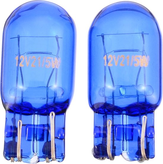 Twee blauwe T20 autolampen met opschrift '12V 21/5W'.